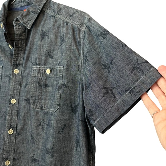 MENS RUFF HEWN DUCK PRINT CASUAL DENIM CHAMBRAY SHORT SLEEVE BUTTON UP SHIRT - Picture 5 of 13